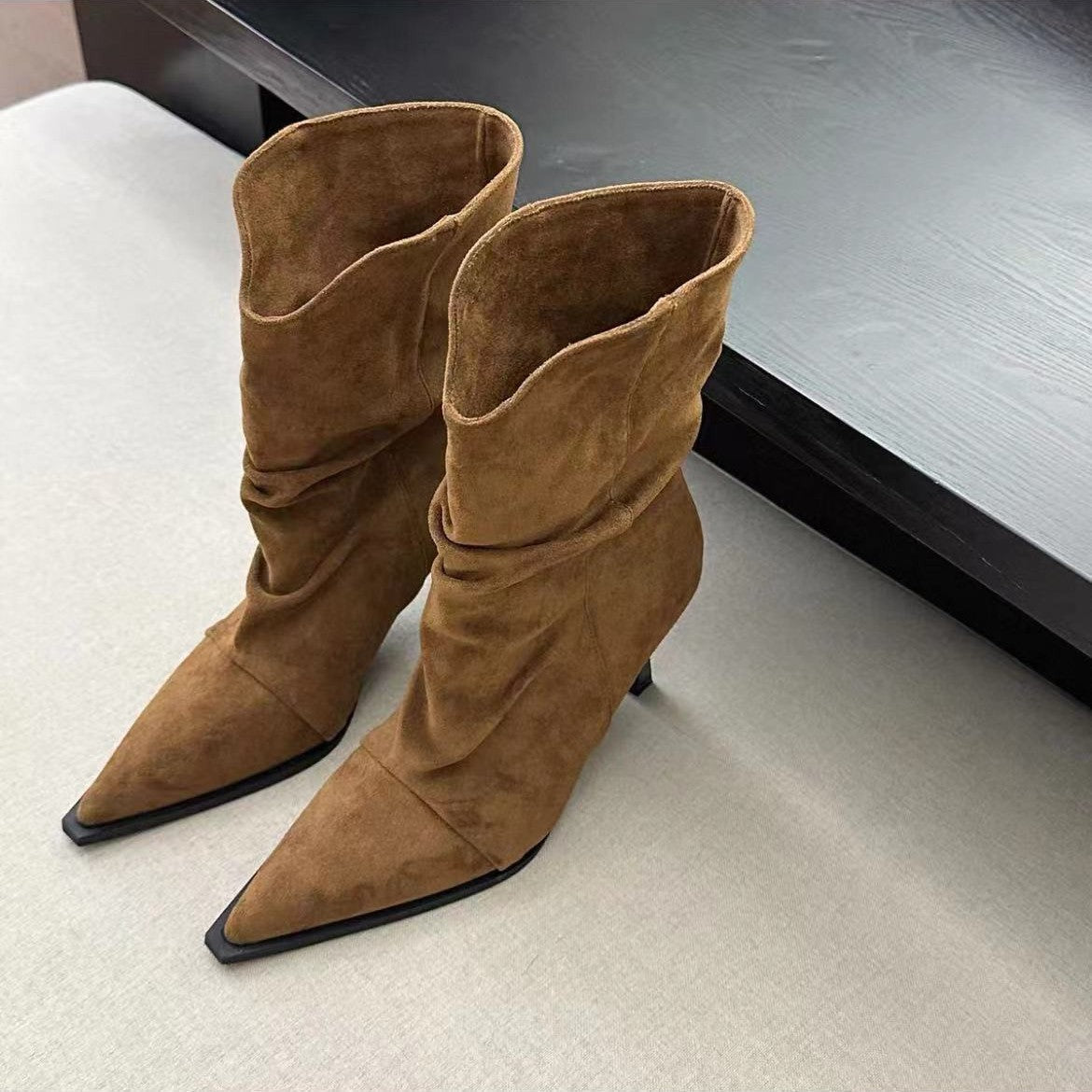 Women's Pointed Toe Pile Style High Stiletto Vintage Crumpled Ankle With Women's Leather Boots