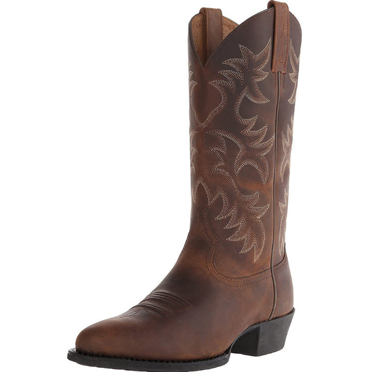 Men's Embroidered High Wooden Root Middle Love Western Cowboy Men's Leather Boots