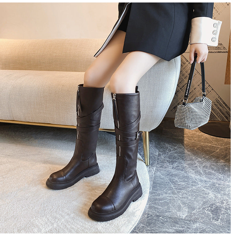 Female Front Zip Platform Below The Knee Biker Fat High Women's Leather Boots
