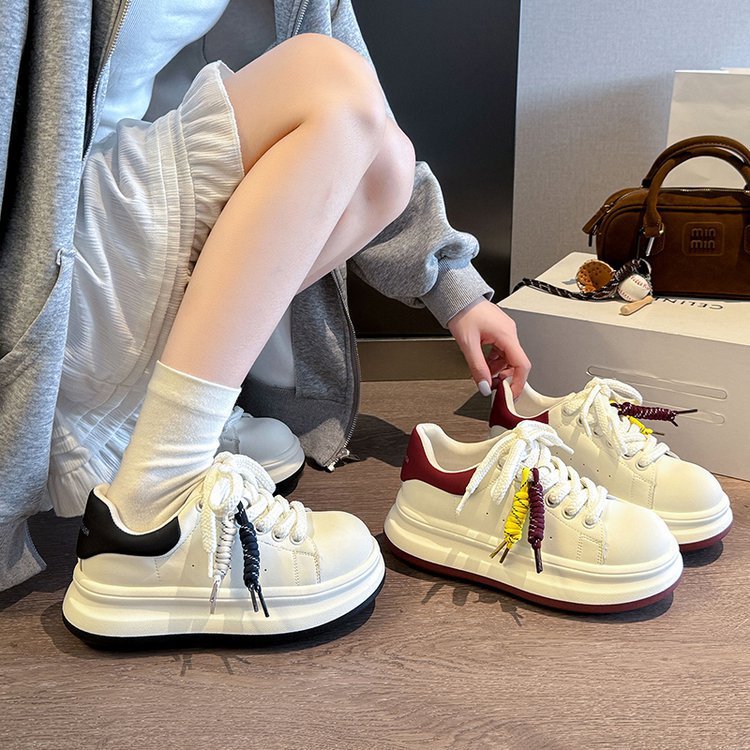 Cowhide Version Height Increasing Soft Platform White Female Women's Sports Shoes