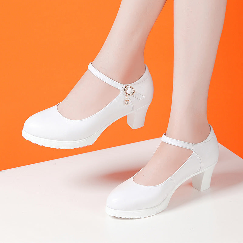 Women's High Chunky Waterproof Platform Cheongsam Model Pumps Pointed Black Soft Leather Shoes