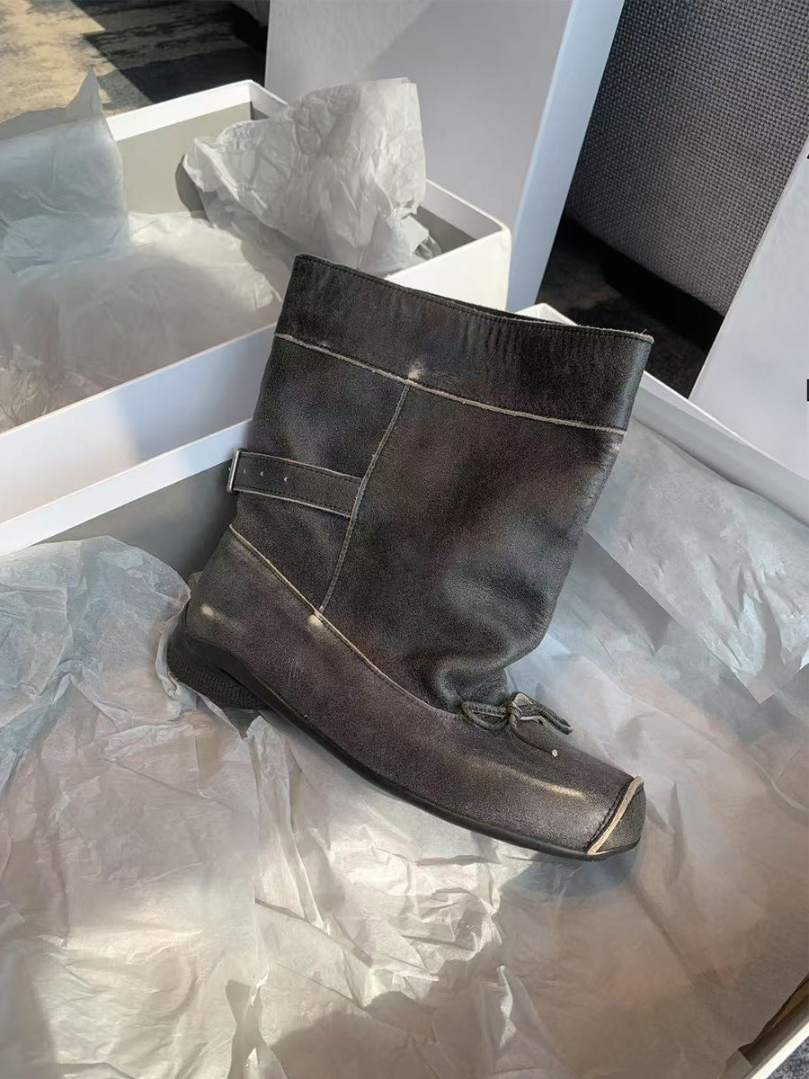 Version Square Toe Vintage Bowknot Platform Ballet Style Ankle Slimming Women's Leather Boots