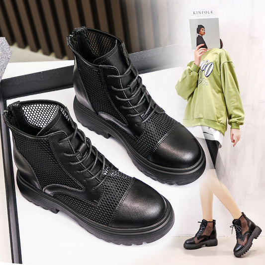 Women's Mesh Hollow Summer Thin Breathable Platform Martin Genuine Inner Height Women's Leather Boots
