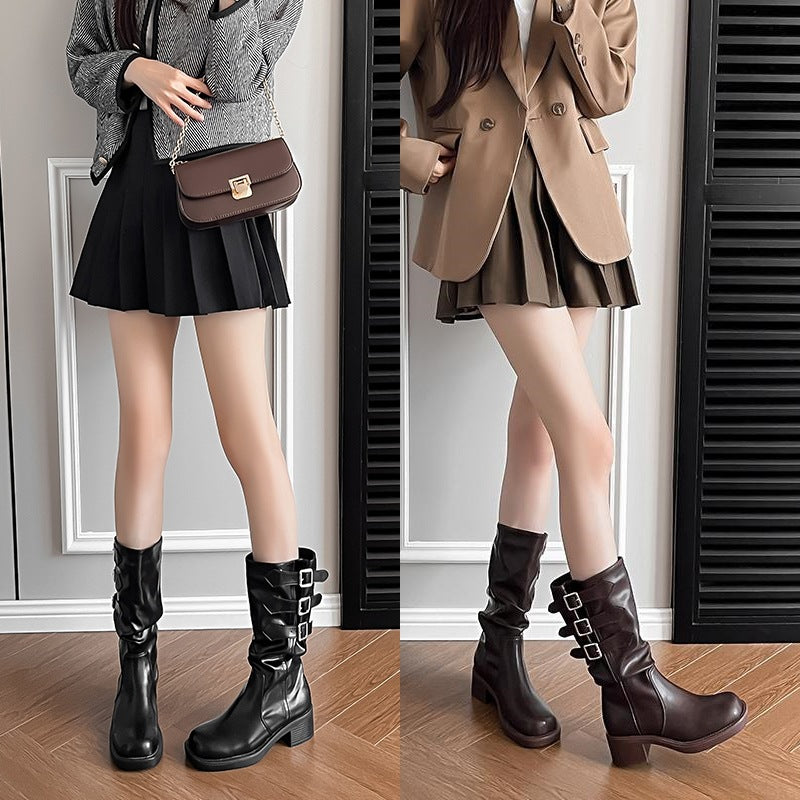 Women's Retro Belt Buckle Booties Western Style Boots