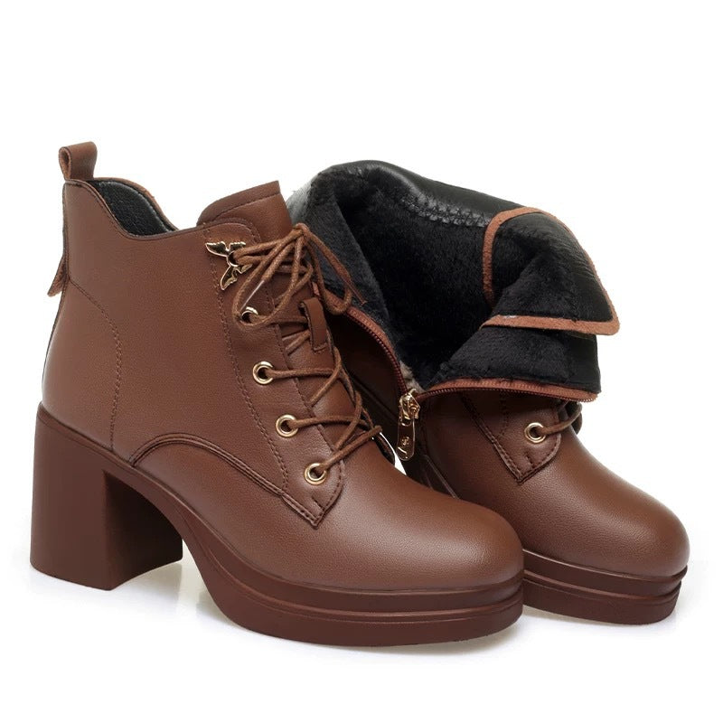Elegant Martin Side Zip Thick Small Height Increasing Veet Short Women's Leather Boots