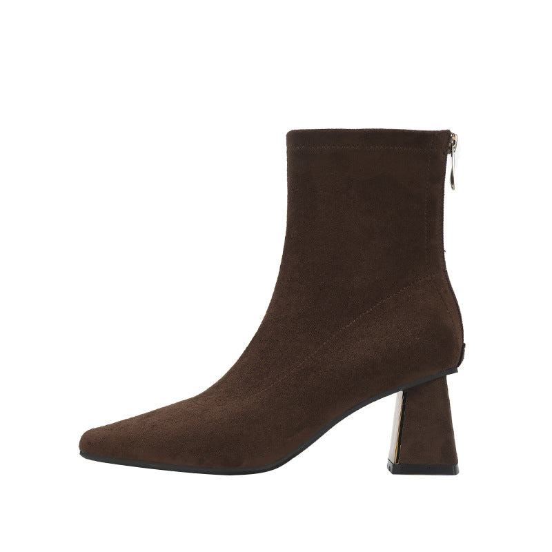 Women's French Retro Cashmere Stitching Square Toe High Short Thick Women's Leather Boots