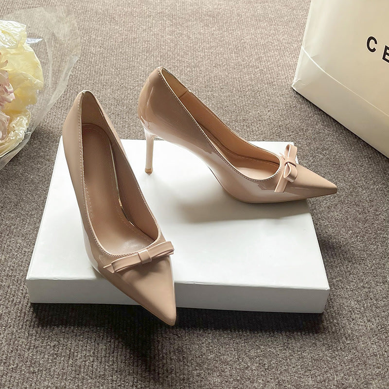 High Stiletto Pointed Patent Bow French Style Women's Fashion Shoes