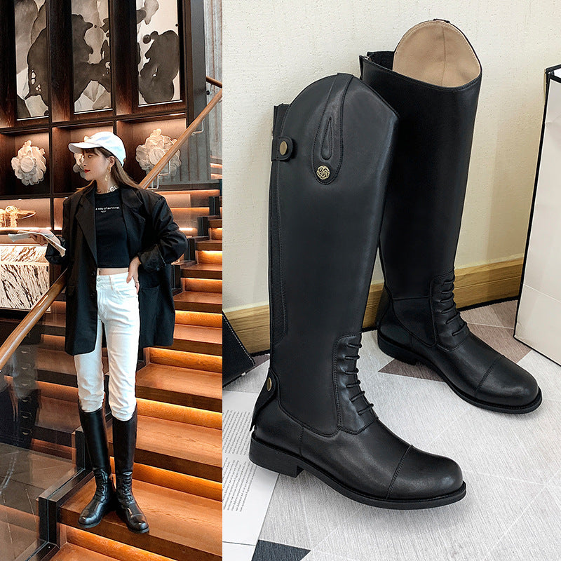 Women's Back Zipper High Leg Chunky Low Women's Leather Boots