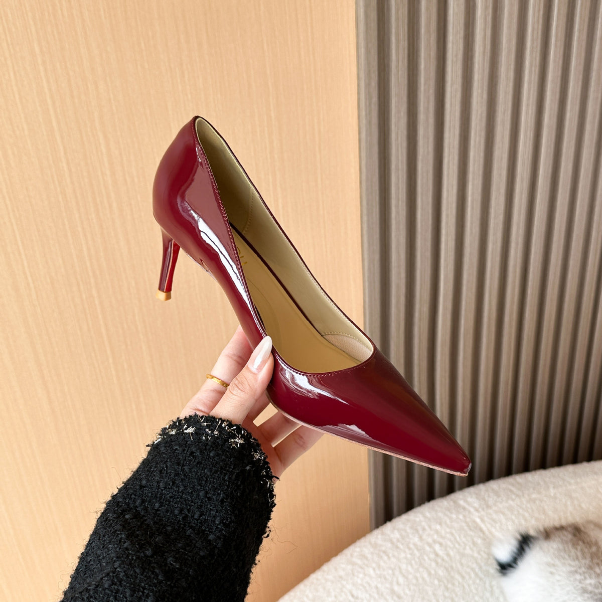 Women's Built-in Toe Protection Air Cotton Black Pointed Stiletto High Patent Heels
