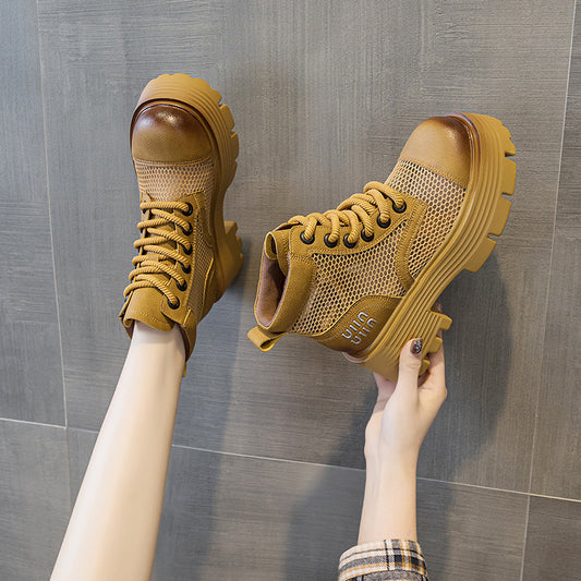 Women's Transparent Mesh Vintage Short Tube Worker British Women's Leather Boots