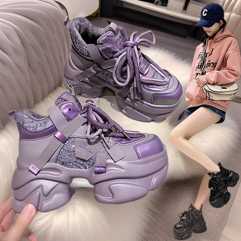 Women's Winter Fleece-lined Polyurethane Platform Dad Height Women's Sports Shoes