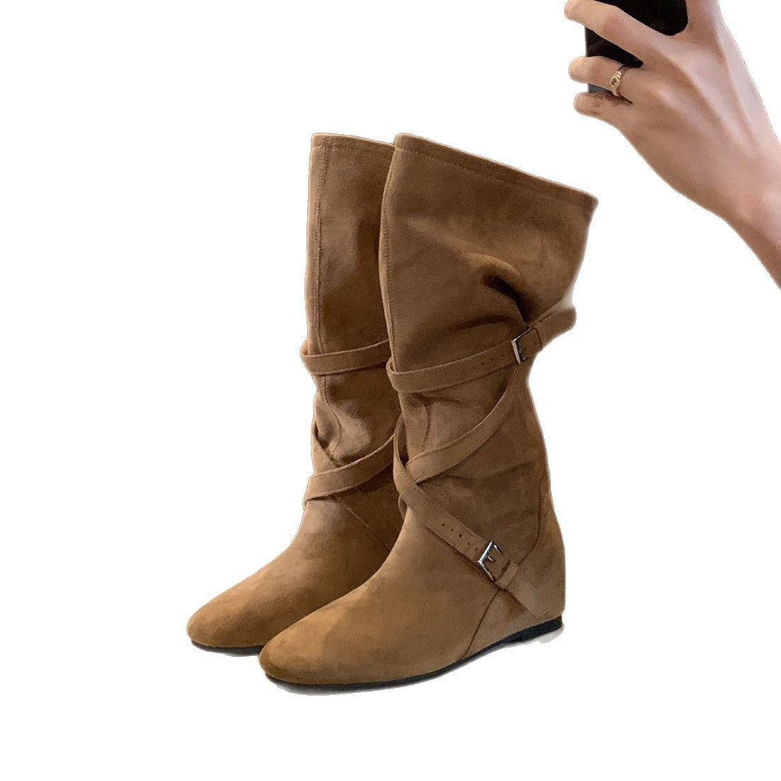 Women's Western Cowboy Korean Round Head Buckle Women's Leather Boots