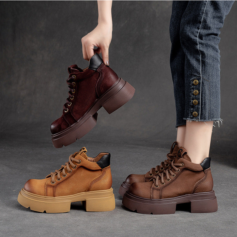 Women's Autumn Round Toe Solid Color Front Martin Versatile Fashion Platform Women's Leather Boots