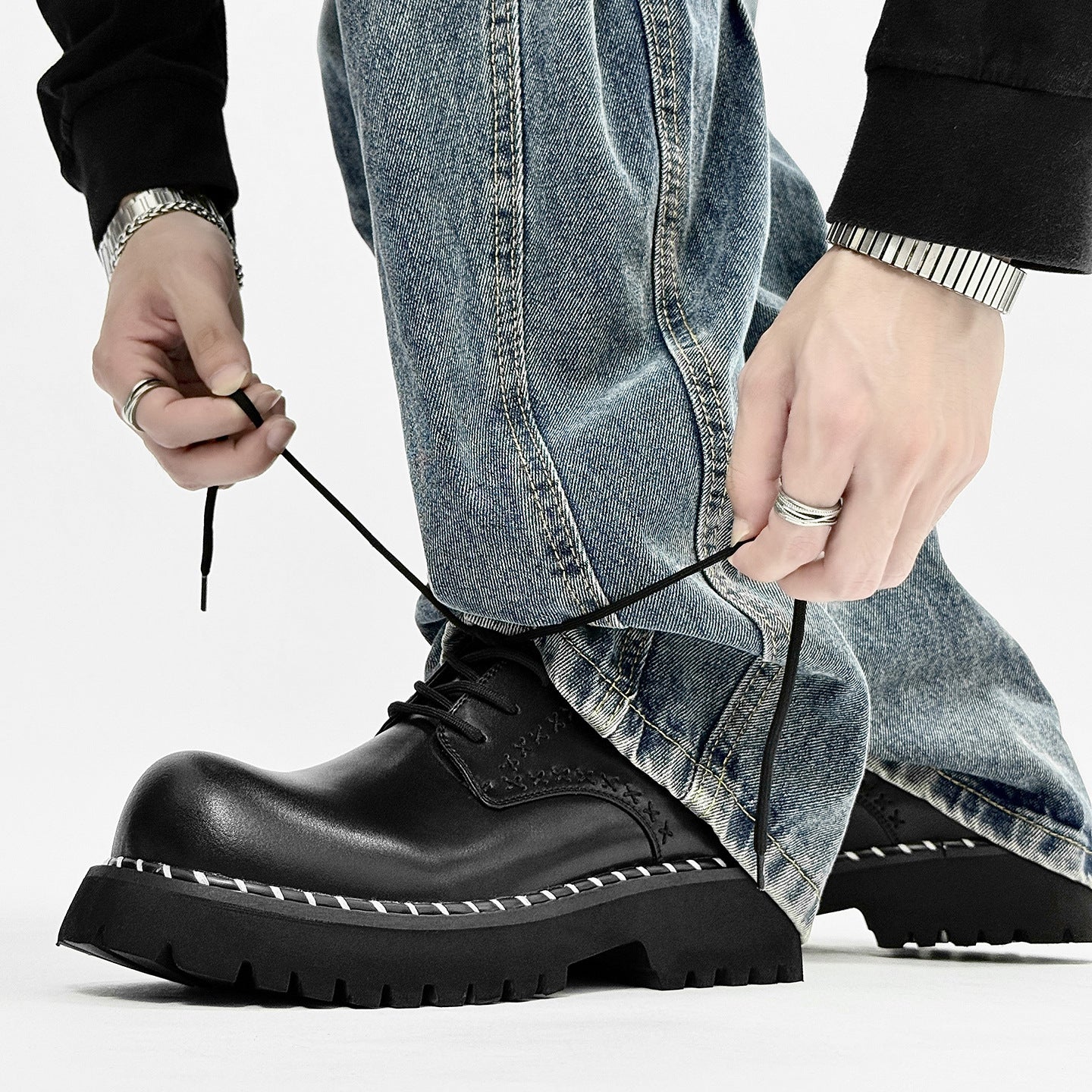 Thick Bottom Derby Elevator Wild Black Retro Design Niche Leather Shoes