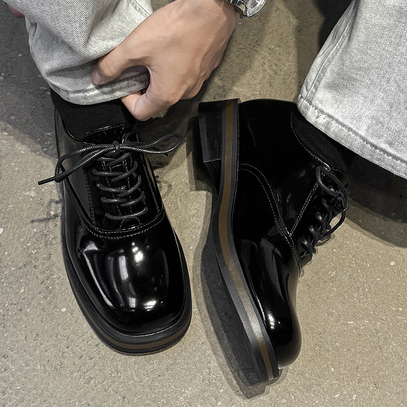 Summer British Style Thick Bottom Height Increasing Square Head Commuter Men's Casual Leather Shoes