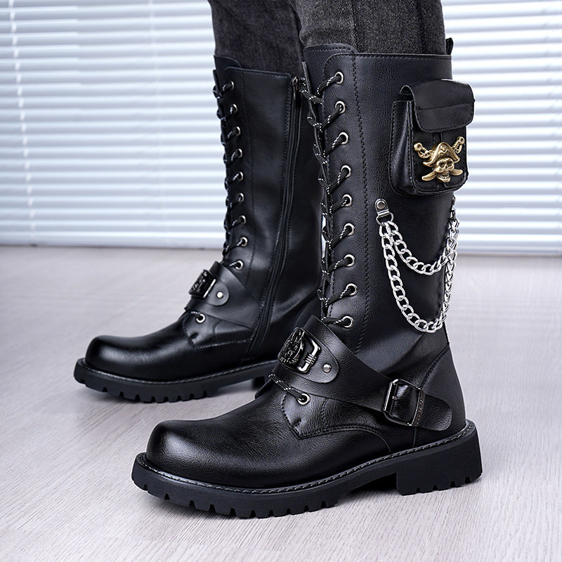 Men's Chain Cowboy Thick Bottom Trendy Stage Men's Leather Boots
