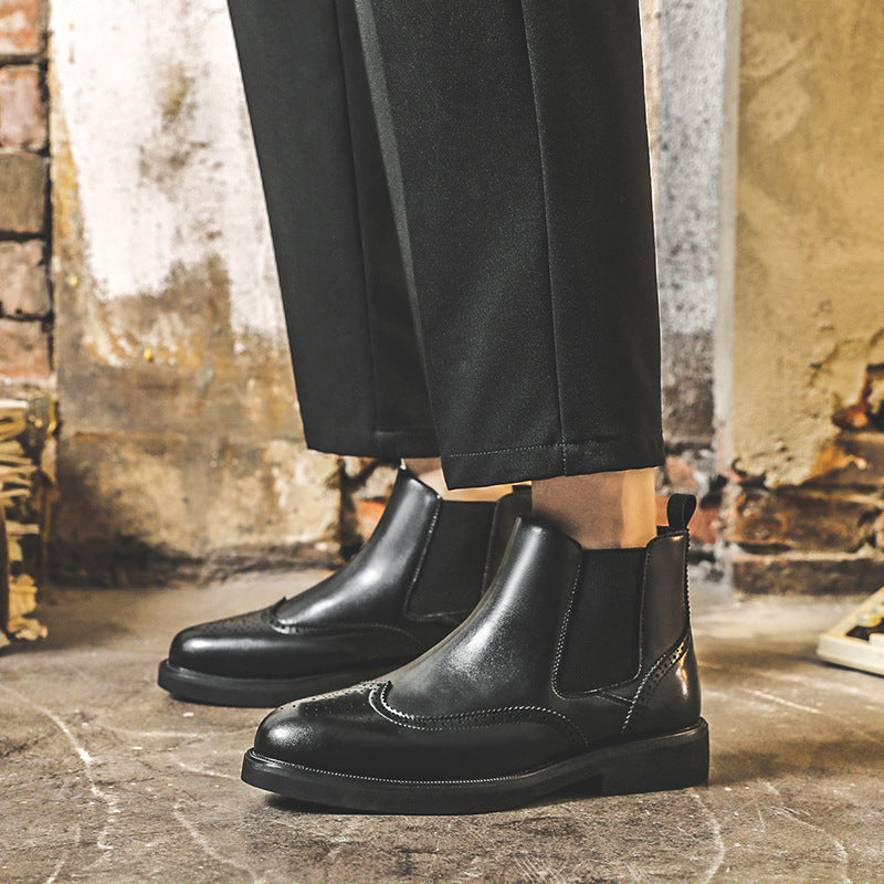 Men's Chelsea British Smoke Pipe Ankle Brogue Business Men's Leather Boots