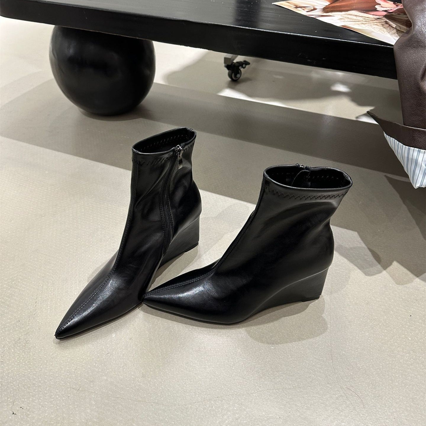 Women's Brown High Ankle Pointed Toe Stretch Thin Vintage Women's Leather Boots