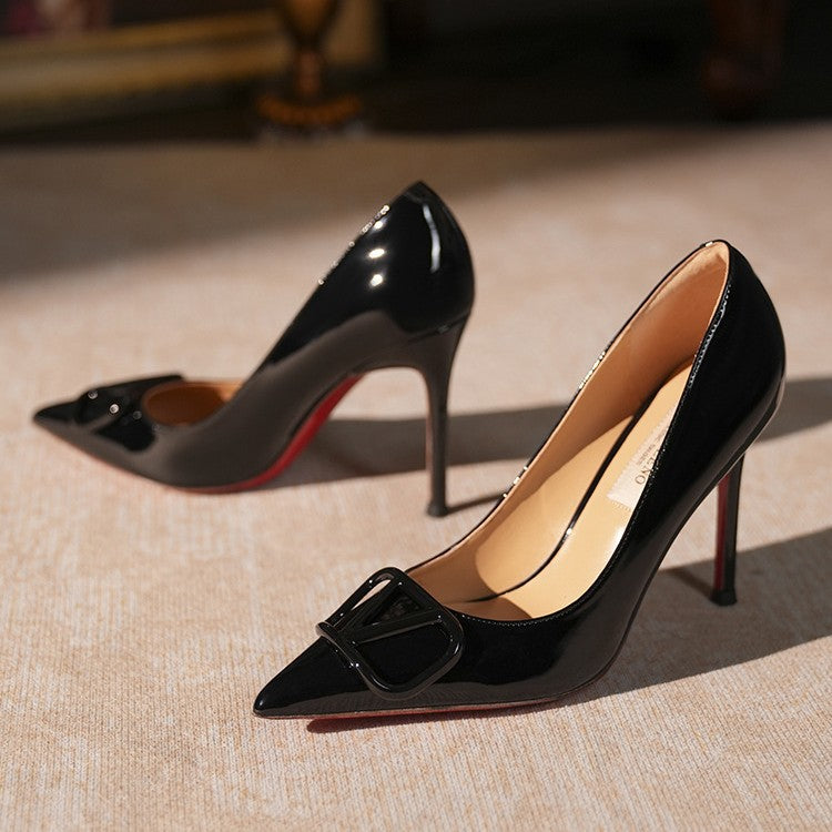 Women's Red Bottom V Buckle Pumps Shallow Mouth All-inclusive Stiletto High Women's Fashion Shoes