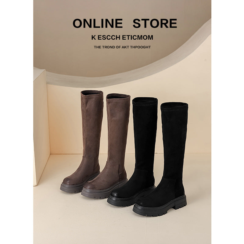 Suede Stretch Skinny Below The Knee Long Women's Leather Boots