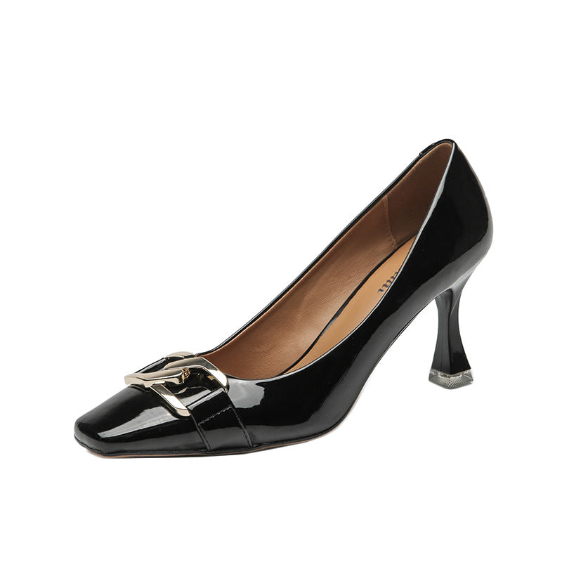 Women's Patent Spring Square Toe Stiletto Low Mouth Daily Commute Heels