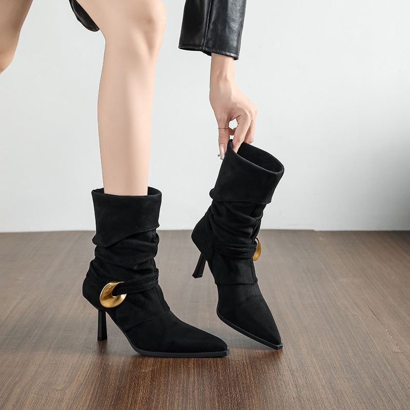 Women's Coffee Brown Pointed Toe Metal Buckle Ankle Elegance Retro Suede Boots