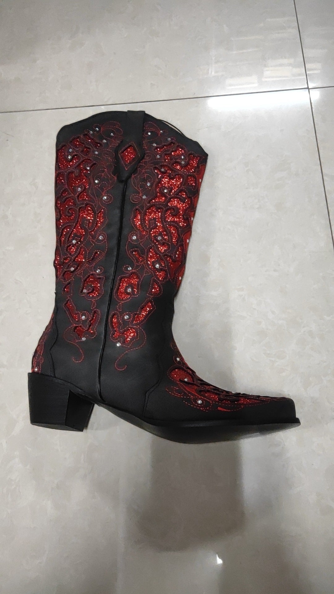 Spring Chunky Middle Rhinestone Decorative High Women's Leather Boots