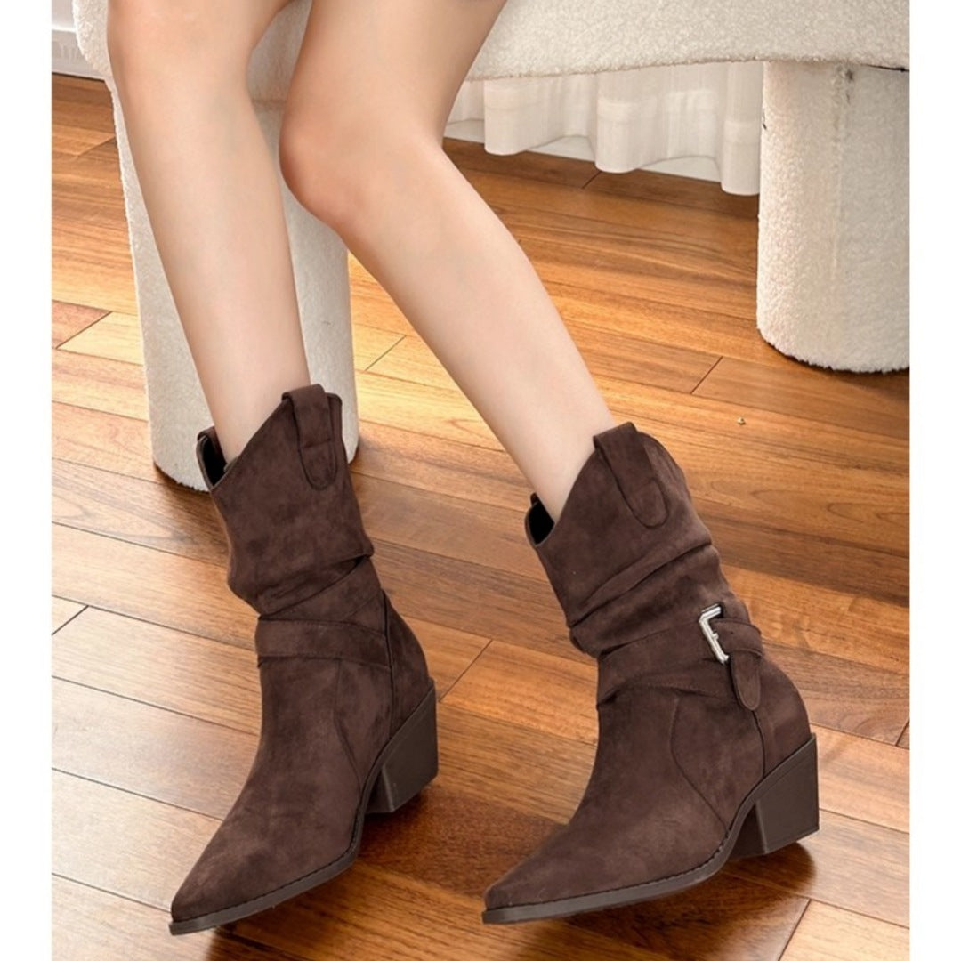 Women's Cut Chunky Pile Style Belt Buckle Square Toe High Heels