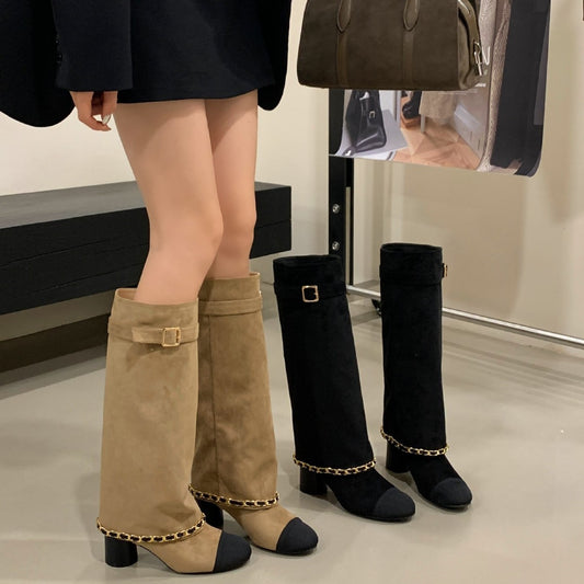 Fashionable Thick Color Matching Chain High Female Women's Leather Boots