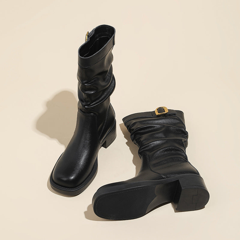 Women's Vintage Crumpled Short Popular Fashion Matching Thick Women's Leather Boots