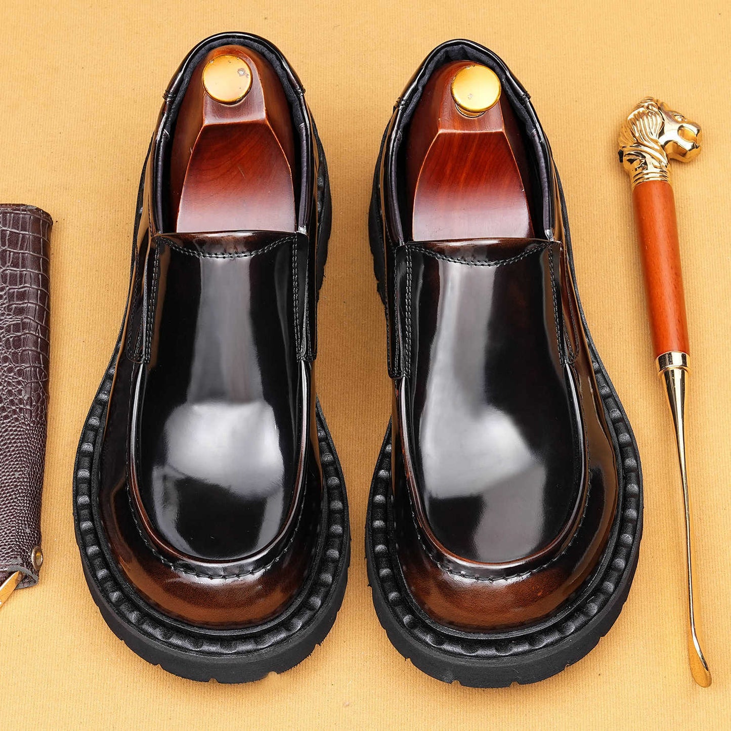 Men's Genuine England Style Glossy Slip-on Formal Wear Big Leather Shoes