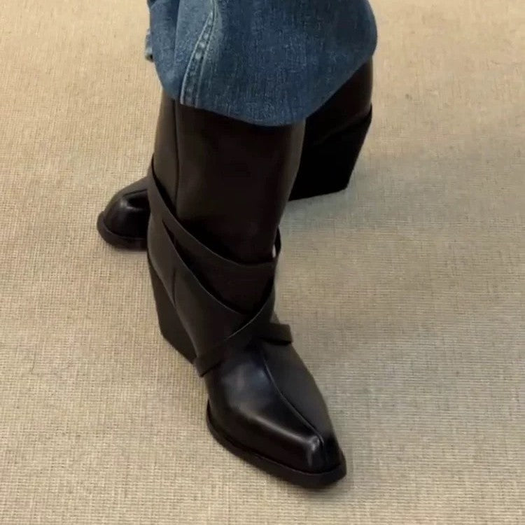 Women's Retro Square Toe High High-heel Martin Commuter Chunky Boots