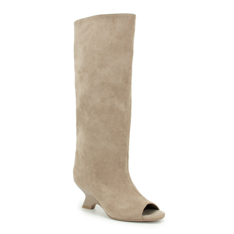 Large Size Fashion Tube High Fish Mouth Wedge Knee-length Boots