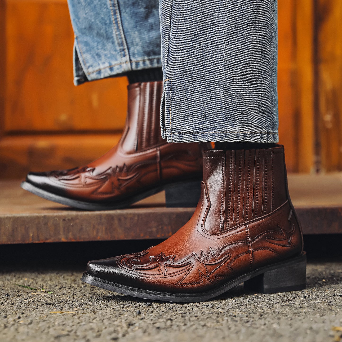 Women's & Men's Hand-rub Color Western Cowboy Neutral Zipper Men's Martin Boots