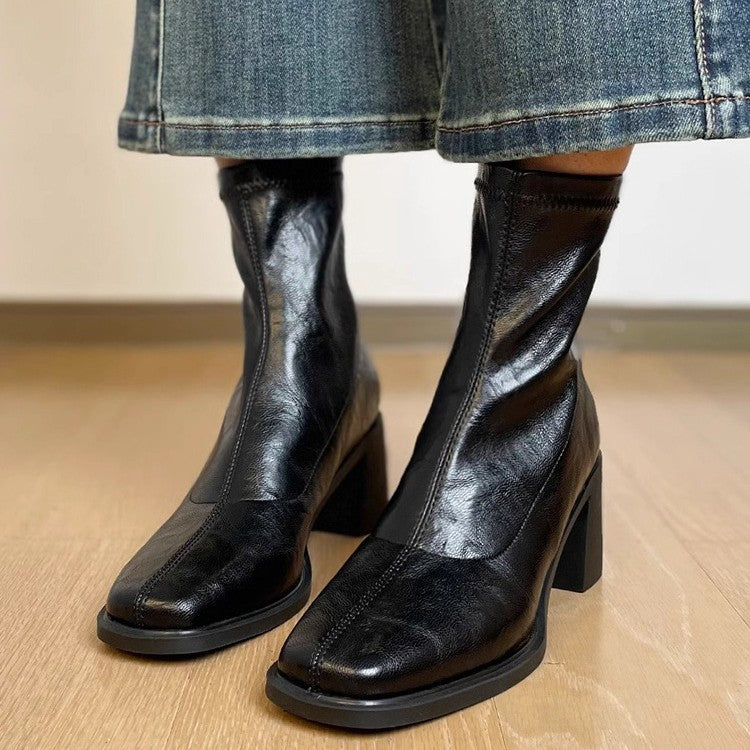 Women's Mute Soft Bottom Stretch Thin Chunky High Short Women's Leather Boots