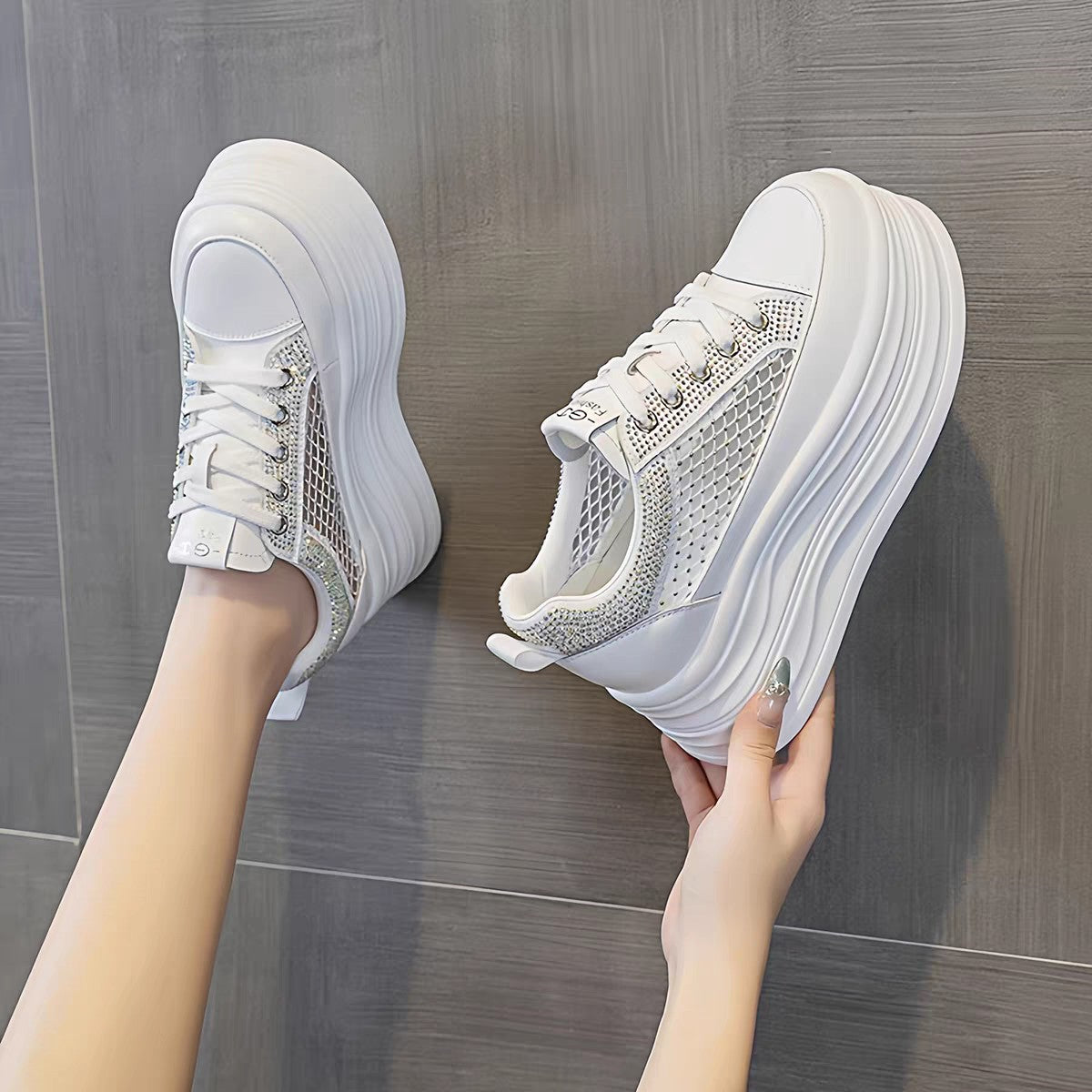 Women's Height Increasing Breathable Mesh White Thick Sports Casual Shoes