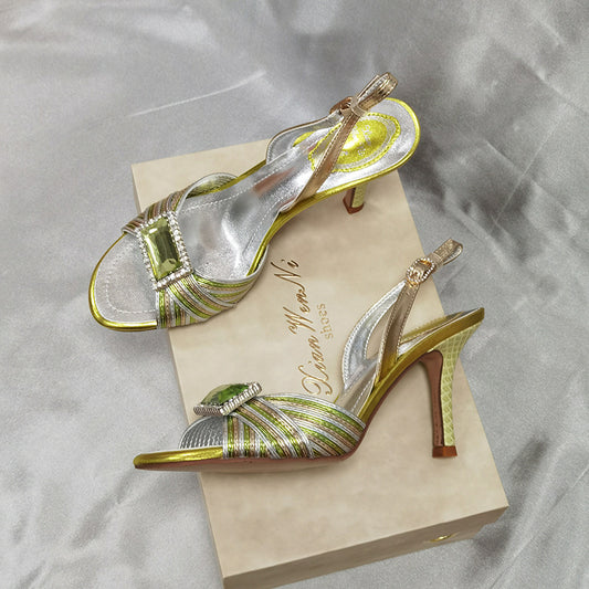 Women's Rhinestone Gem Summer Peep Toe Color Block High Heeled Sandals