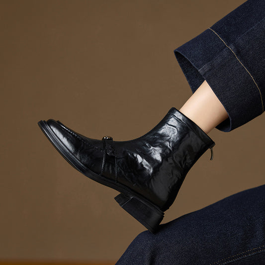 Women's Camellia Cowhide Mid Martin Black Chunky Women's Leather Boots
