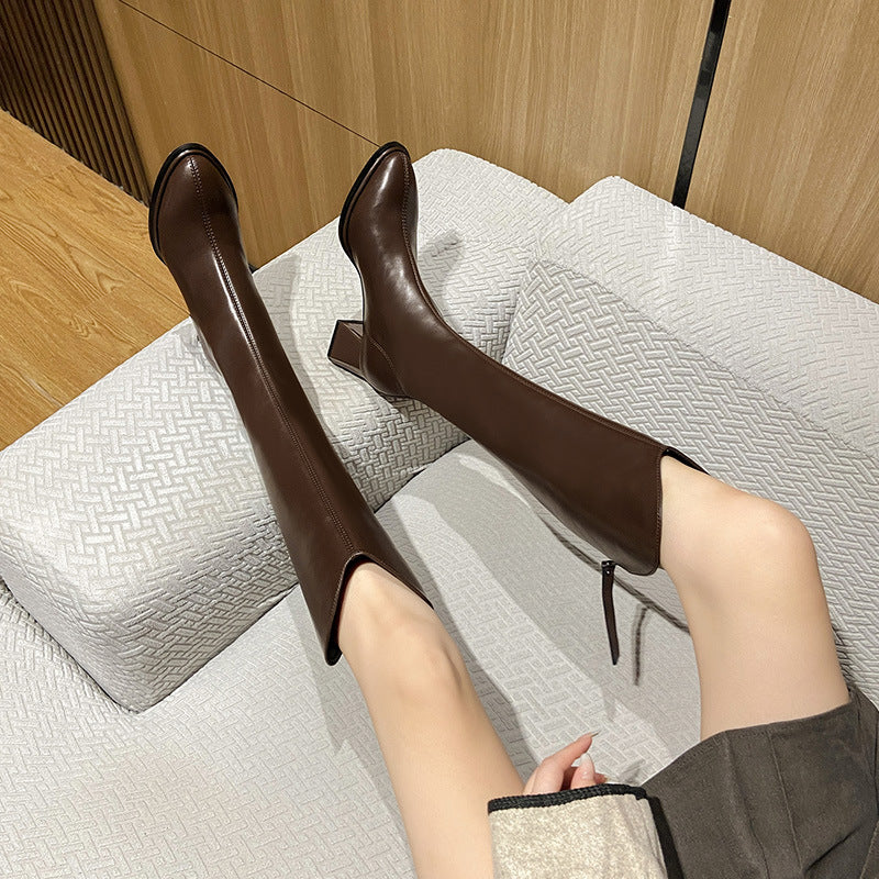 Slouchy Women's High-cut Coffee Color Thin Women's Leather Boots