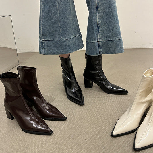 Black High Short Female British Style Women's Leather Boots