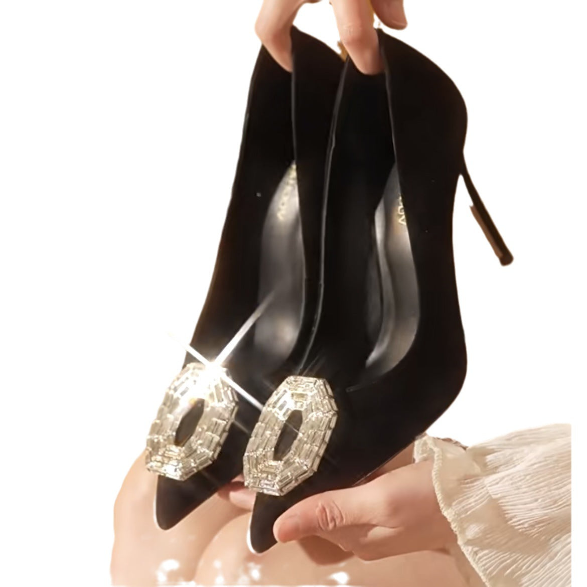 Women's Stiletto Pointed Toe Rhinestone Shallow Mouth French Style Temperament Sexy Heels