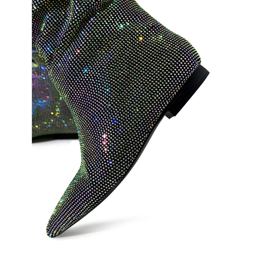 Toe Flat Bottom Rhinestone High Leg Winter Suede Stitching Sleeve Women's Leather Boots