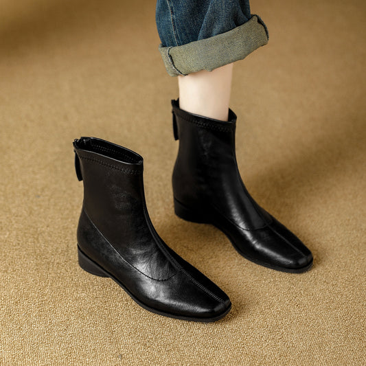 Women's Rear Zipper Martin Chunky Soft Square Head Fashion Stretch Thin Women's Leather Boots