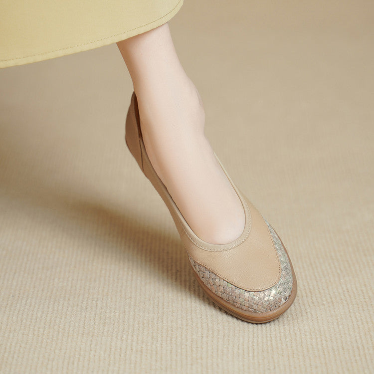 Women's Sense Niche Woven Round Toe Pumps Chunky Soft Bottom Women's Fashion Shoes
