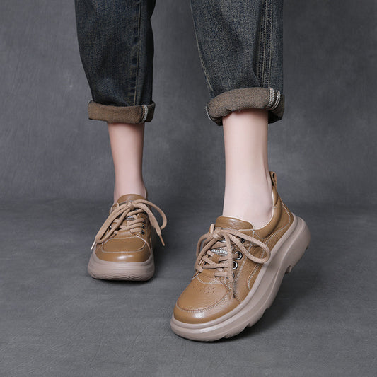 Women's First Layer Cowhide Platform Pumps Spring Soft Bottom Wild Round Women's Casual Shoes