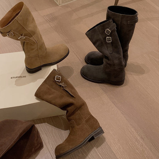 Version Increased Three-dimensional Round Head Zipper Women's Leather Boots