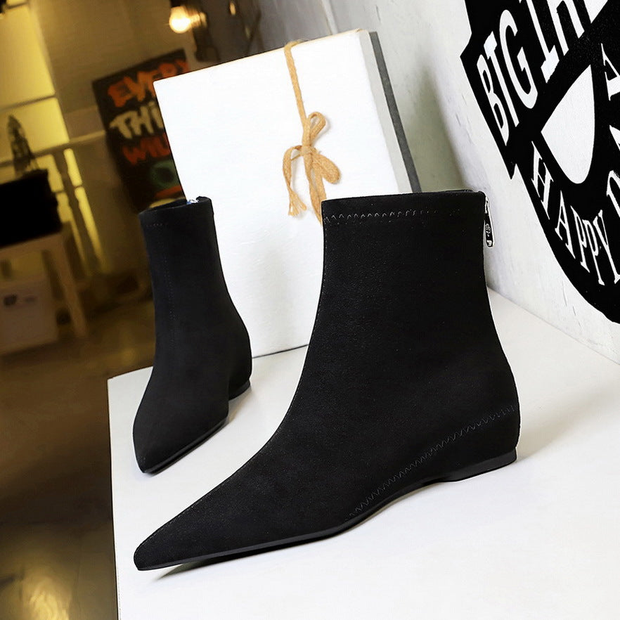 Women's Fashionable Simple Low Wedge Hidden Pointed Toe Pedicure Slimming Suede Boots