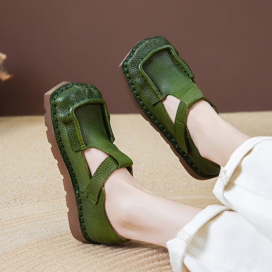 Women's Retro Top Layer Cowhide Spring Comfort Flat Velcro Square Toe Women's Fashion Shoes
