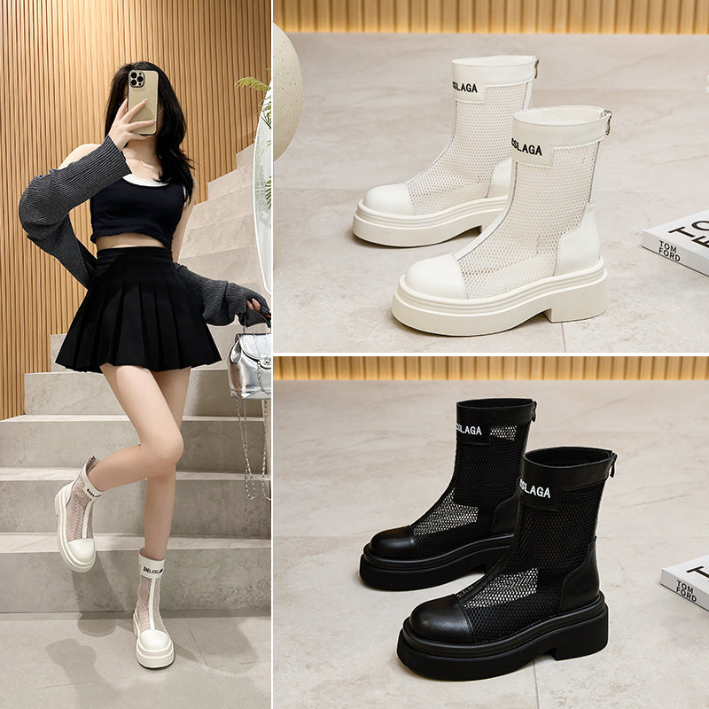 Women's Style Mesh Zipper Letters Roman Show Women's Leather Boots