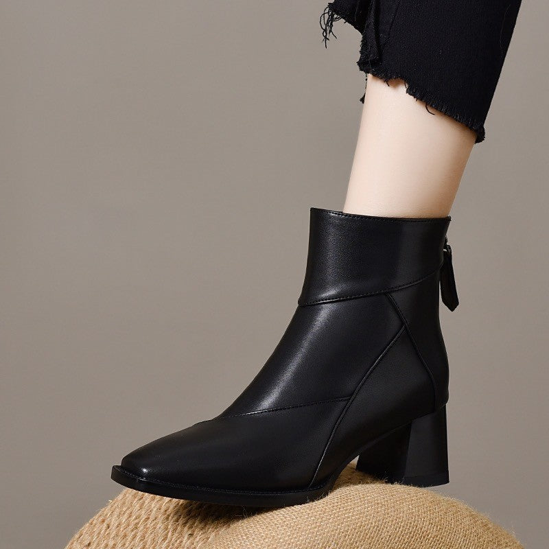 Women's Toe Booties Back Zipper Skinny Chunky Short Ankle Fleece-lined Women's Leather Boots